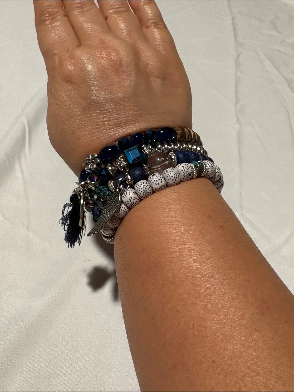 Blue & White Boho Bracelet Stack Set | Silver Angel Wing & Love You Charm | Laye